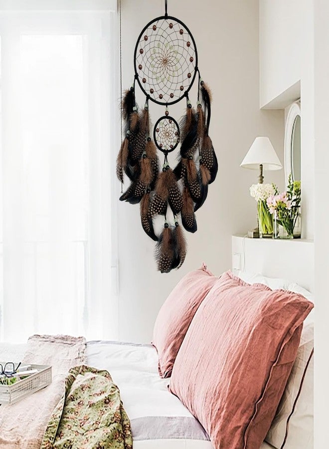 SOYUZU Brown and Black Dream Catcher Wall Decor Feather Dream Catchers with Luminous Bead Handmade Dreamcatcher Wall Hanging Ornament for Bedroom Living Room Home Decor - Image 4